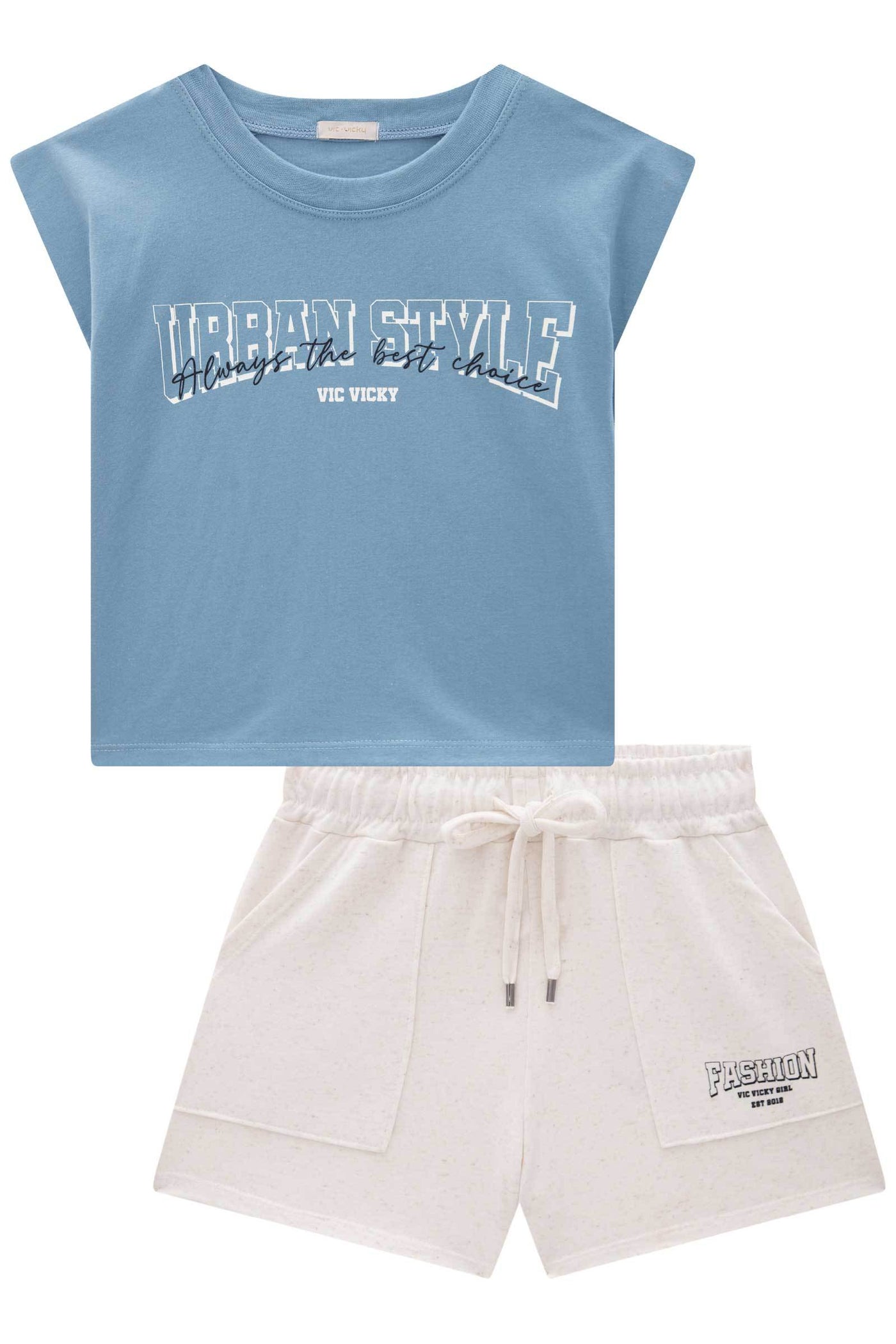 Conjunto de Blusa Boxy Muscle em Meia Malha e Shorts em Molevisco 84927 Vic&Vicky Teen Menina