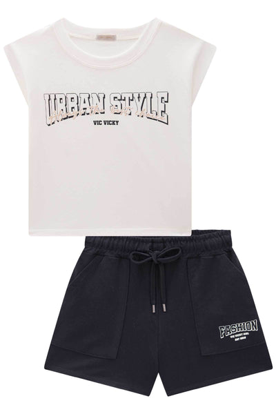 Conjunto de Blusa Boxy Muscle em Meia Malha e Shorts em Molevisco 84927 Vic&Vicky Teen Menina
