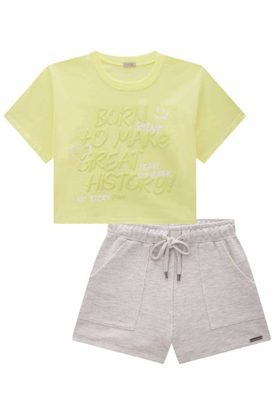 Conjunto de Blusa Boxy Over em Meia Malha e Shorts em Moletom 84915 Vic&Vicky Teen Menina