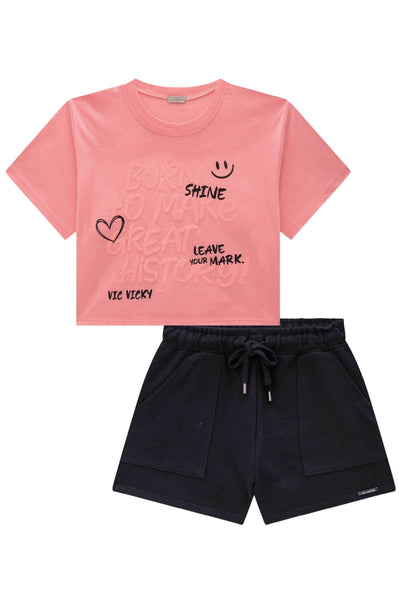 Conjunto de Blusa Boxy Over em Meia Malha e Shorts em Moletom 84915 Vic&Vicky Teen Menina