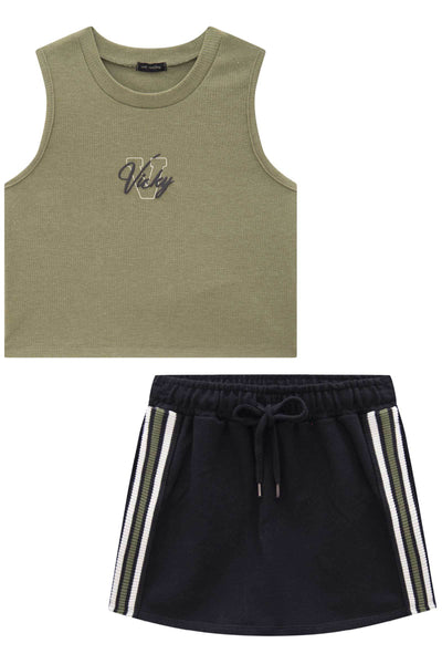 Conjunto de Blusa Cropped em Canelado Liz e Short Saia em Moletom 84904 Vic&Vicky Teen Menina
