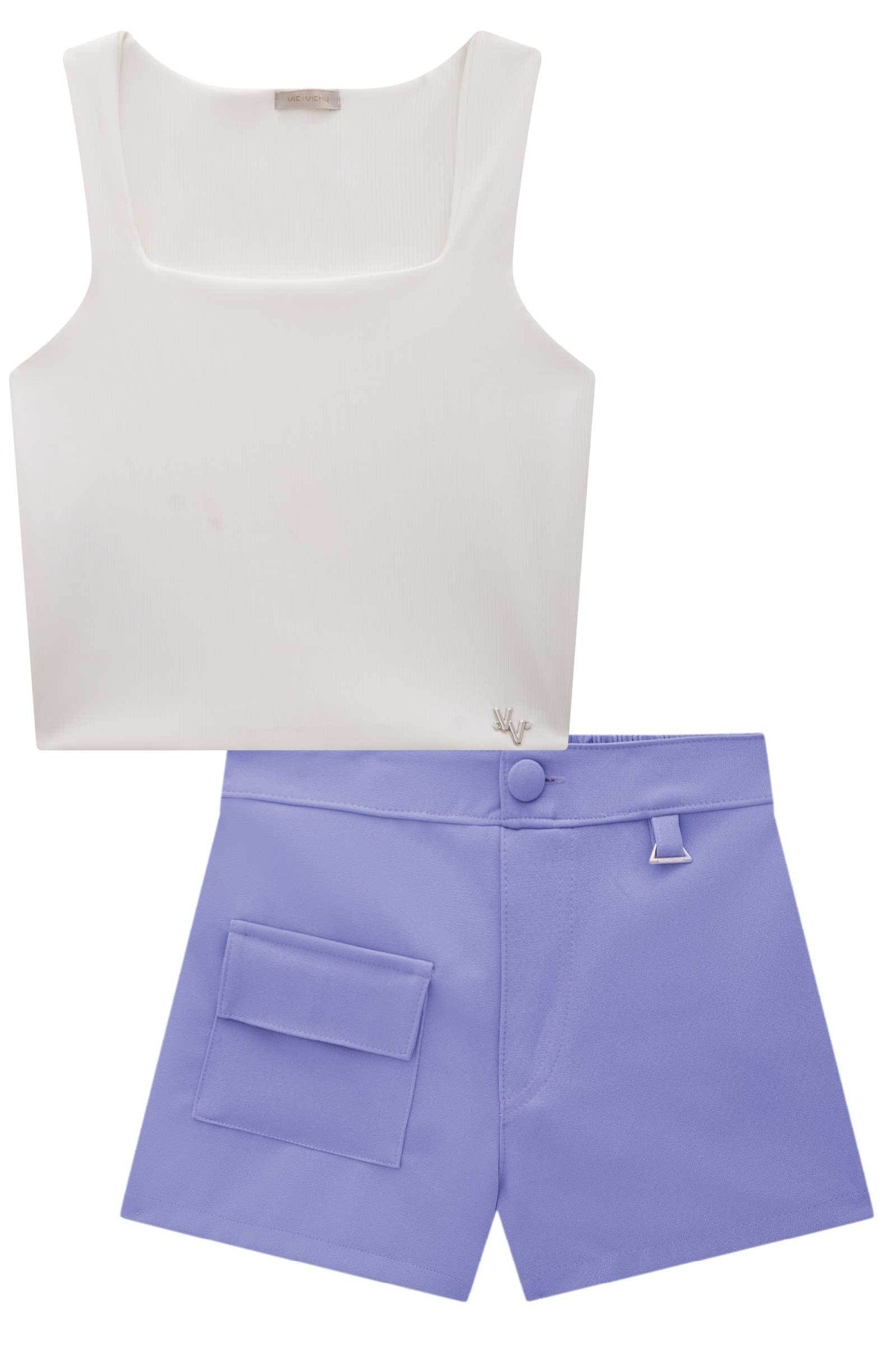 Conjunto de Blusa Cropped em Ribana Fancy e Shorts em Alfaiataria Hi Dense 85329 Vic&Vicky Teen Menina