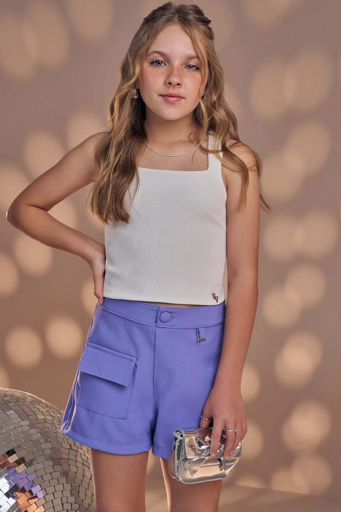 Conjunto de Blusa Cropped em Ribana Fancy e Shorts em Alfaiataria Hi Dense 85329 Vic&Vicky Teen Menina