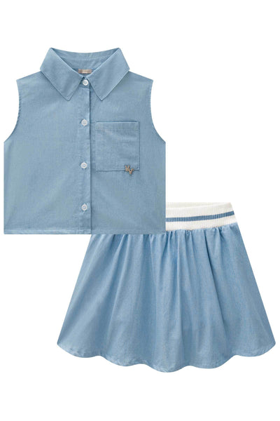 Conjunto de Camisa Cropped e Saia em Tecido Chambray 83905 Vic&Vicky Teen Menina