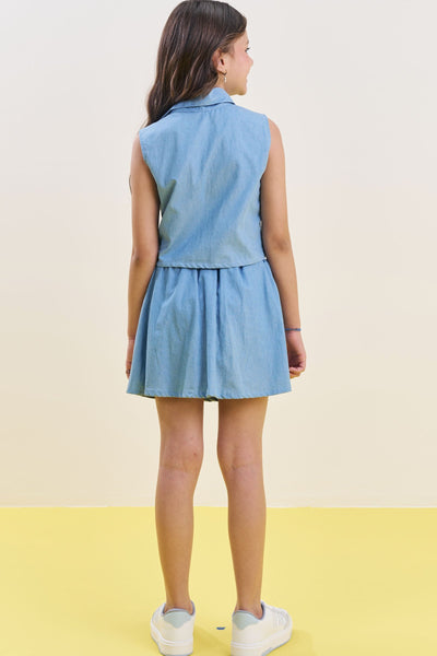 Conjunto de Camisa Cropped e Saia em Tecido Chambray 83905 Vic&Vicky Teen Menina