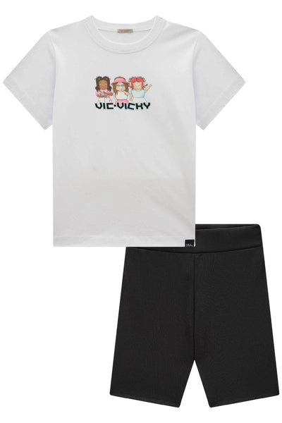 Conjunto de Camiseta Over em Meia Malha e Biker em Ribana Fancy 85297 Vic&Vicky Teen Menina